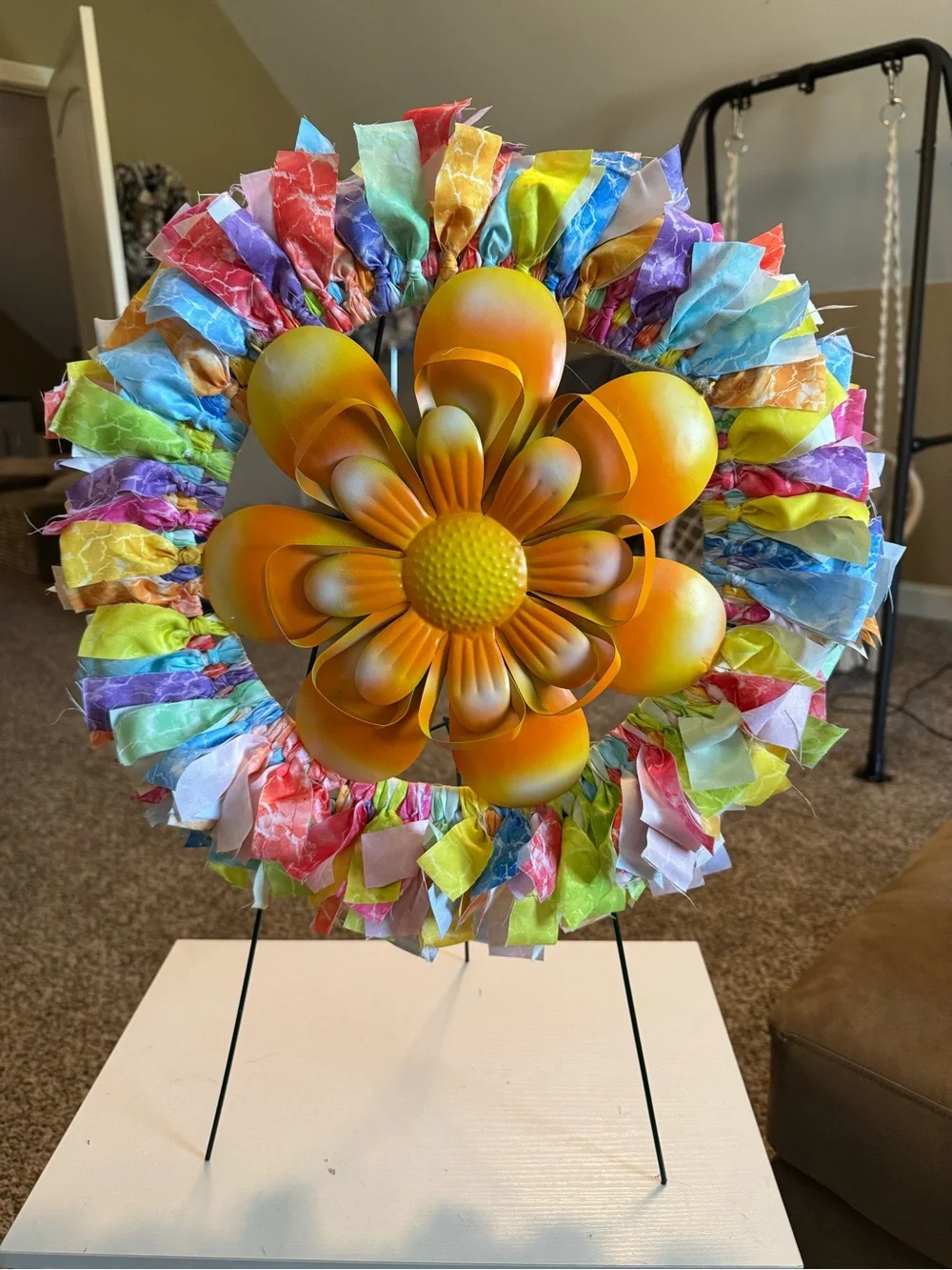 Colorful cloth Wreath with Orange Metal Flower Center - Home Party Decor